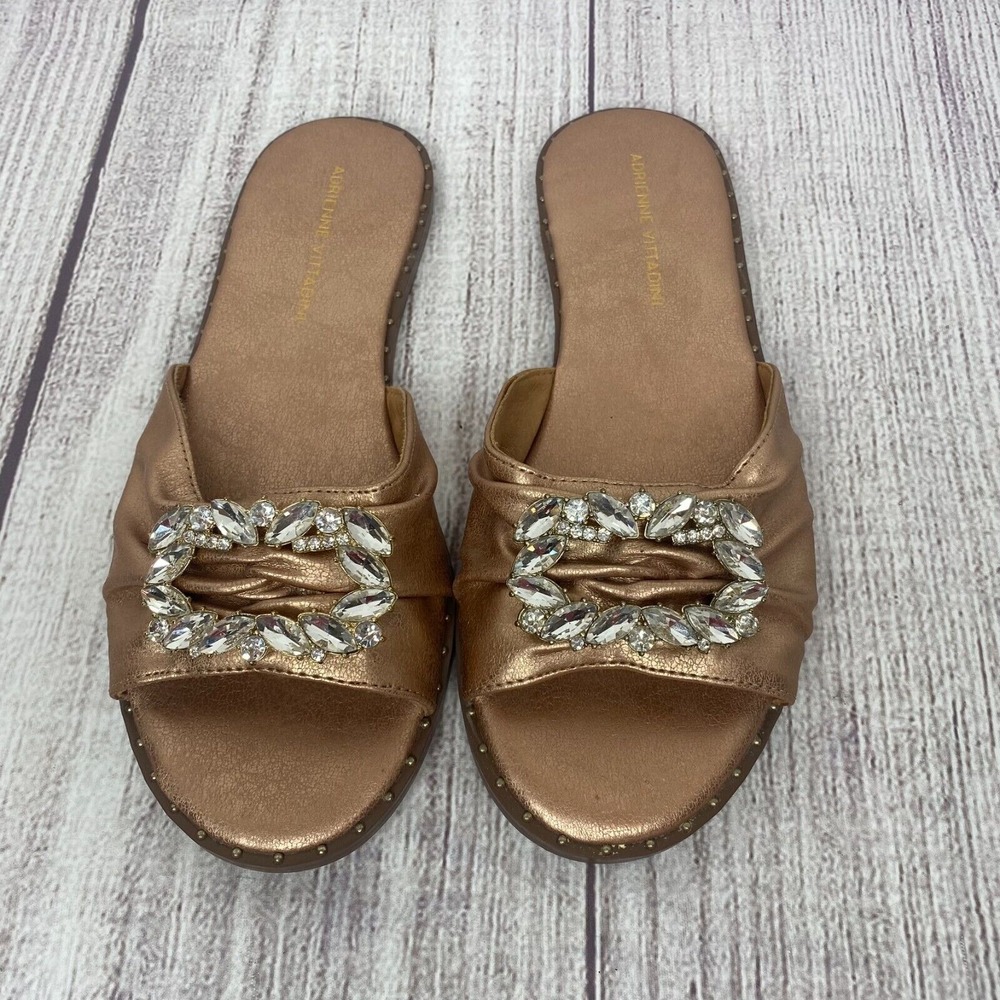 Adrienne Vittadini Women's Rose Gold Backless Flat Sandals Rhinestone Jewels 7.5